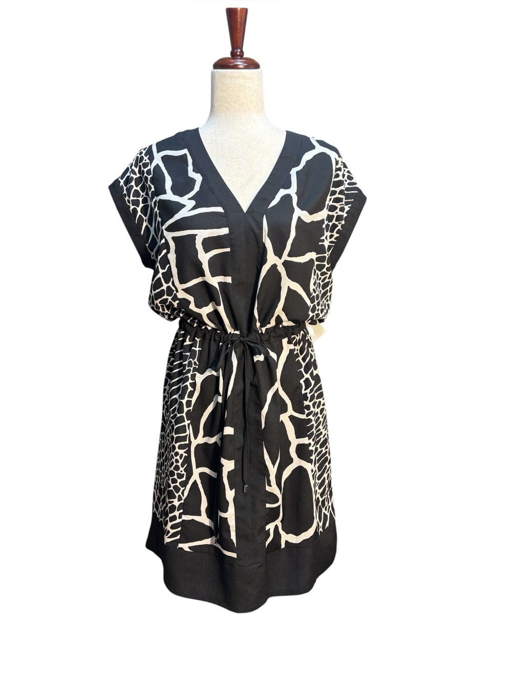 DKNY Black White Animal Print Drawstring Cover Up Dress Size Medium